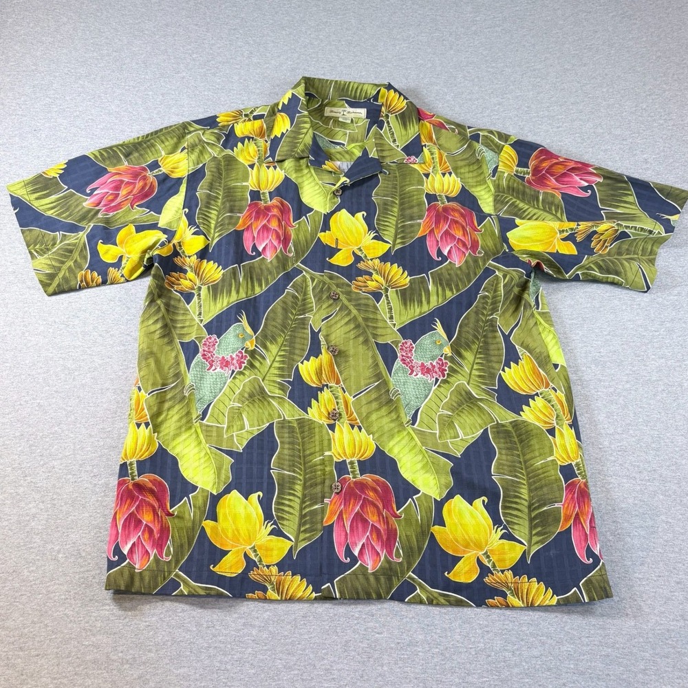 Tommy Bahama Loop Collar Button Up Shirt Mens M Blue Tropical 100% Silk Floral